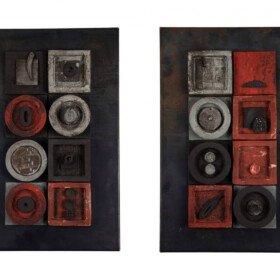 "Γεω-μετρία ΙΙΙ" 2019, 87 x 57 x 4 εκ. Πηλός υψηλής θερμοκρασίας, μπαντανάδες 1200°C, λαμαρίνα.