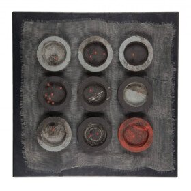 "Geometry II" 2020, 50 x 50 x 4 cm High temperature clay (stoneware), 1200°C bandannades, metal screen, sheet metal.