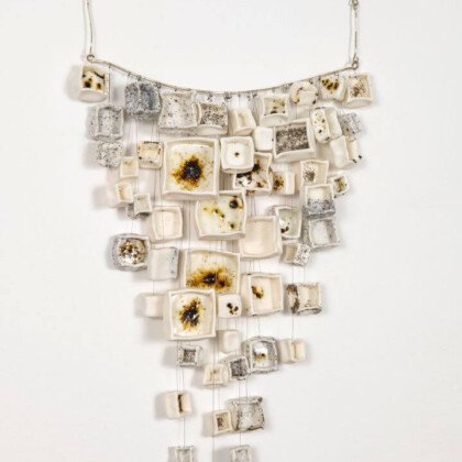 "Fiery Rust" 55x30x5 cm. Wall composition, porcelain 1240°C with sand and soil from Serifos, wrought iron wire argento